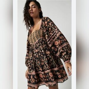 Free People Endless Afternoon Babydoll Mini Dress Floral Smocked Women Size XL